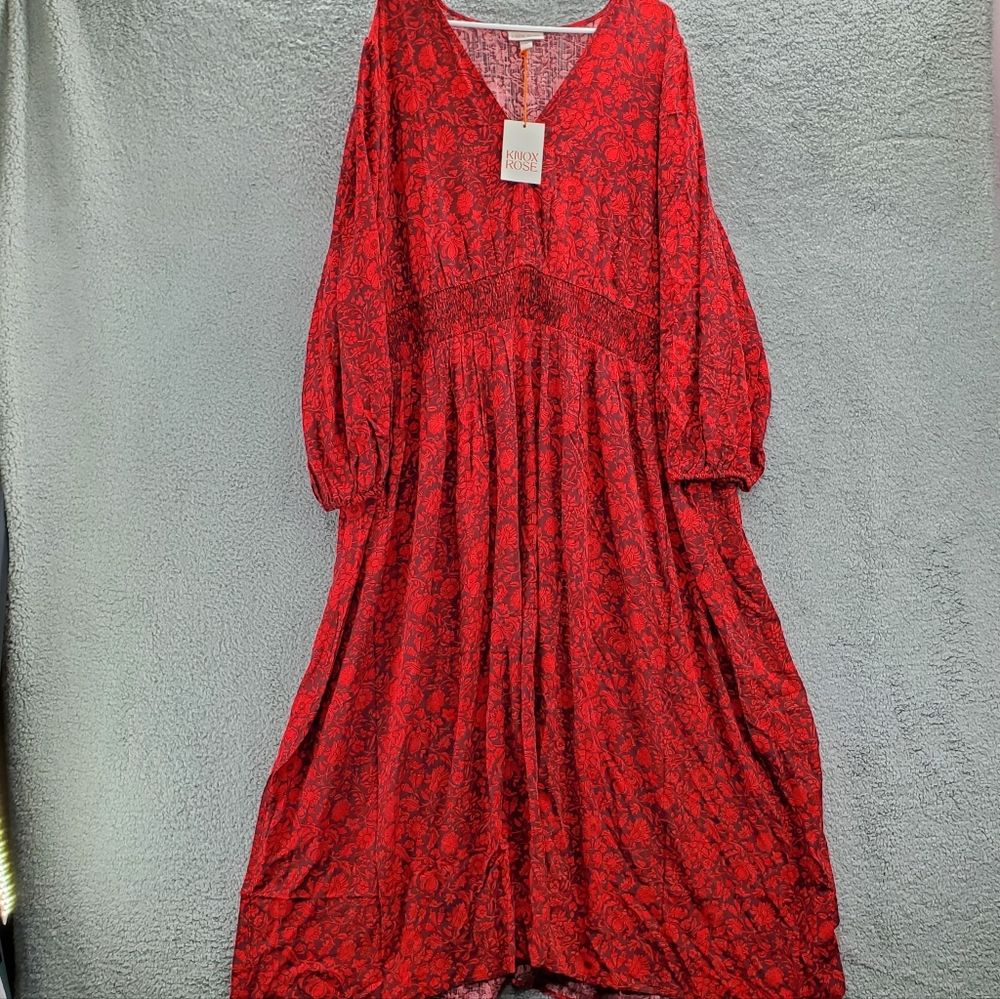Knox Rose Dress Red Floral A line Maxi NWT Long Sleeve